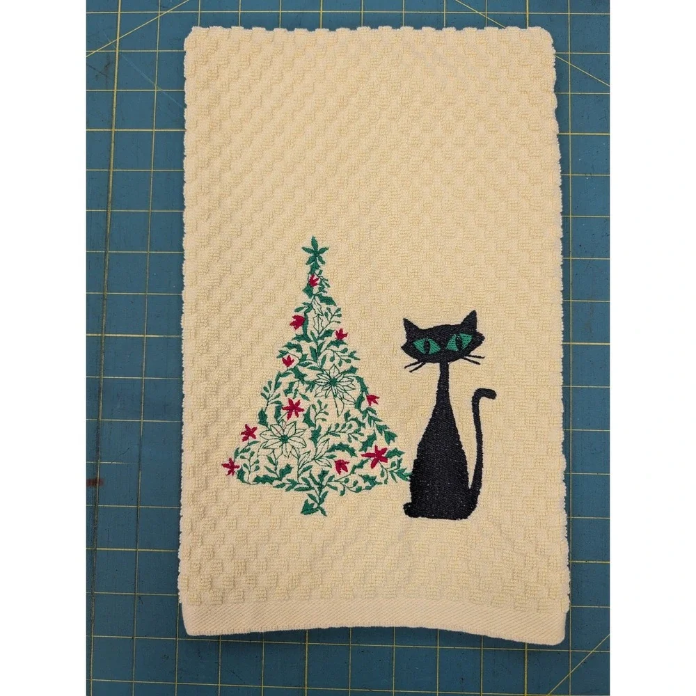 Christmas Tree Retro Mid Mod Cat Mid Century Modern Atomic Kitchen Hand Towel